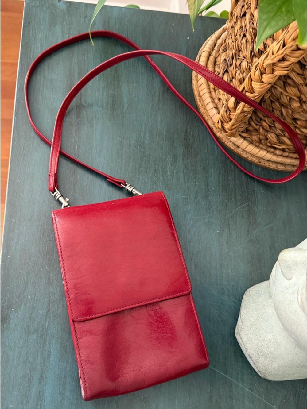 Hobo red leather crossbody wallet. Large slot fits an iPhone